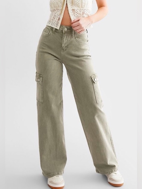 Vervet Denim - VERVET High-Rise Wide Leg Cargo Jeans in Olive Green